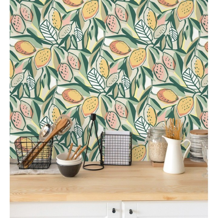 Papel pintado de limones y hojas color naranja y verde - Ginger Lemons 682301