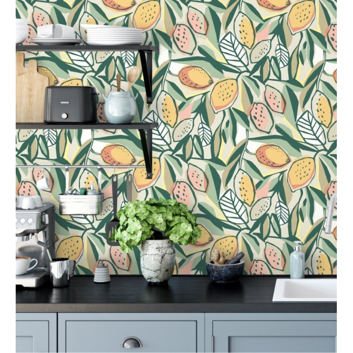 Papel pintado de limones y hojas color naranja y verde - Ginger Lemons 682301