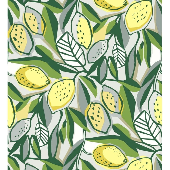 Papel pintado de limones y hojas color amarillo y verde intenso - Ginger Lemons 682302