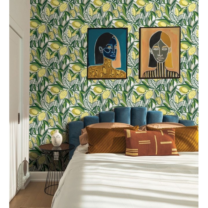 Papel pintado de limones y hojas color amarillo y verde intenso - Ginger Lemons 682302