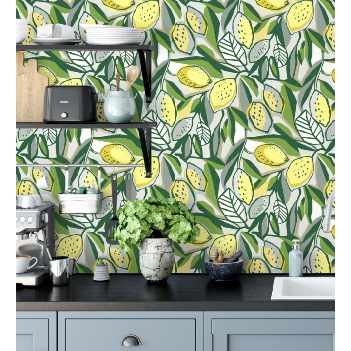 Papel pintado de limones y hojas color amarillo y verde intenso - Ginger Lemons 682302