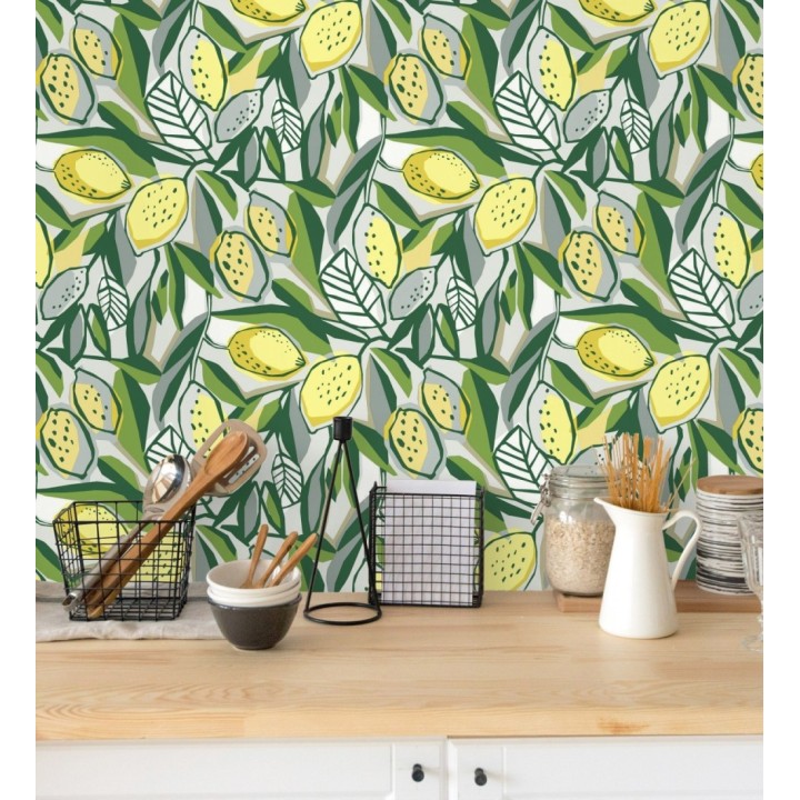 Papel pintado de limones y hojas color amarillo y verde intenso - Ginger Lemons 682302