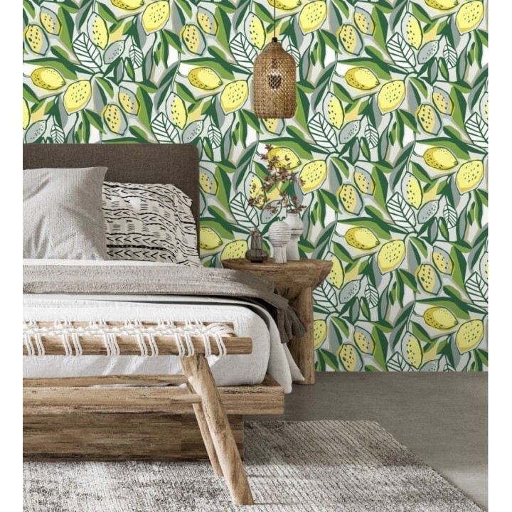 Papel pintado de limones y hojas color amarillo y verde intenso - Ginger Lemons 682302