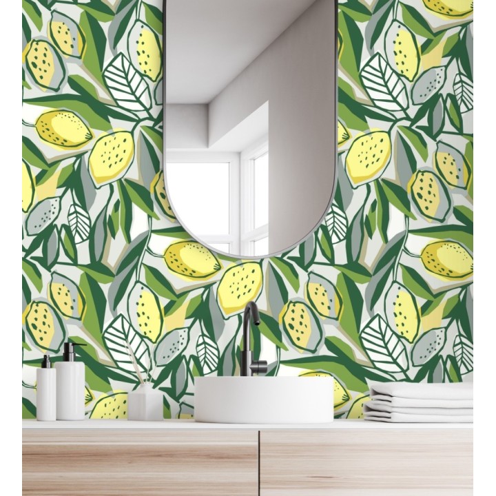 Papel pintado de limones y hojas color amarillo y verde intenso - Ginger Lemons 682302
