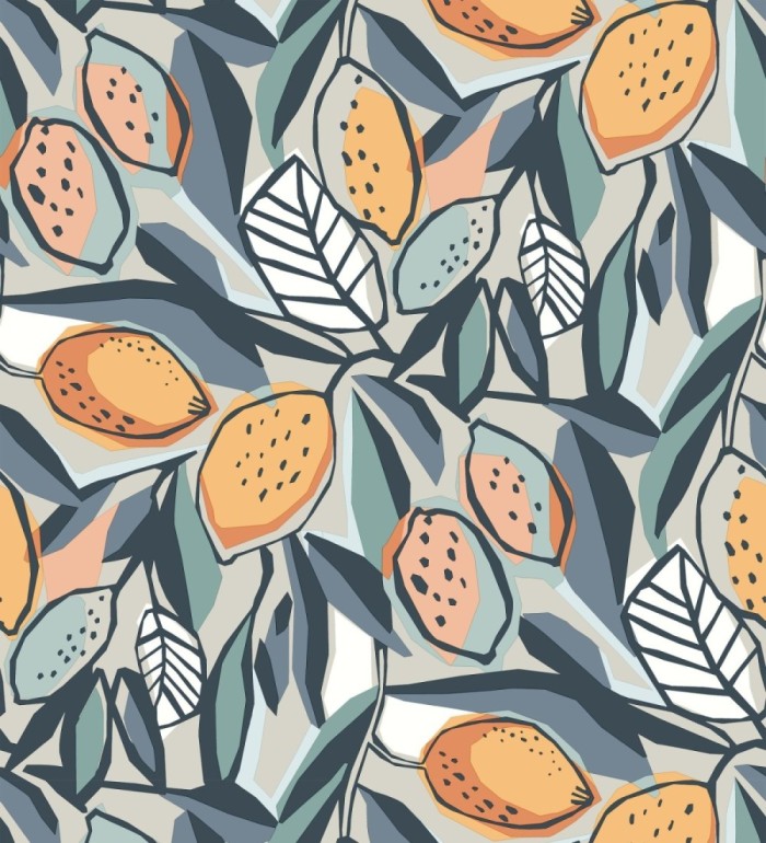 Papel pintado de limones y hojas color naranja y azul - Ginger Lemons 682303