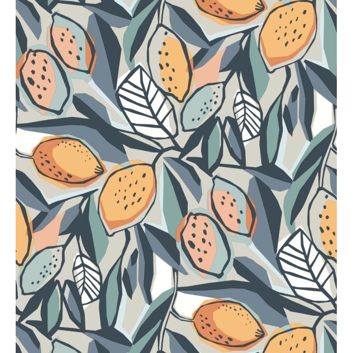 Papel pintado de limones y hojas color naranja y azul - Ginger Lemons 682303
