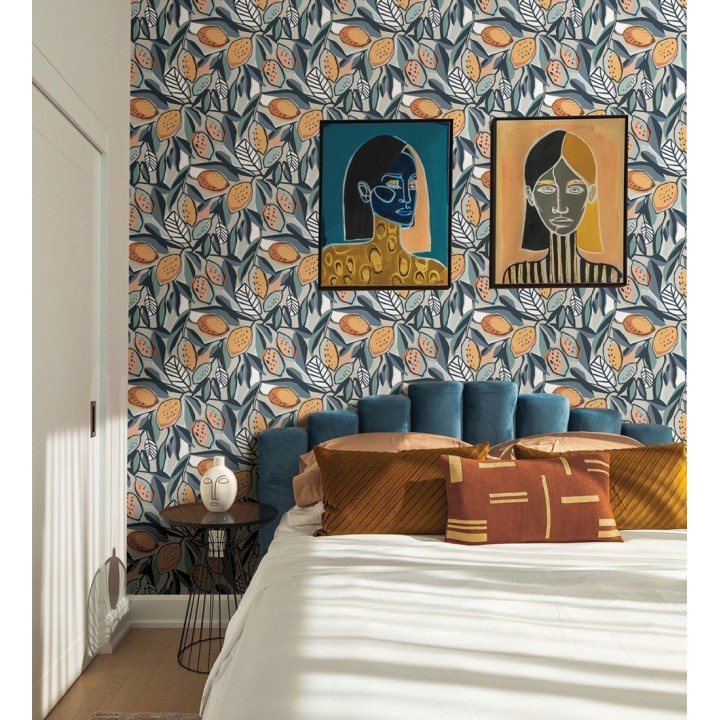 Papel pintado de limones y hojas color naranja y azul - Ginger Lemons 682303