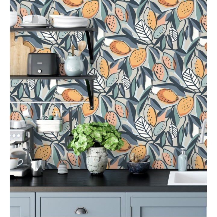 Papel pintado de limones y hojas color naranja y azul - Ginger Lemons 682303