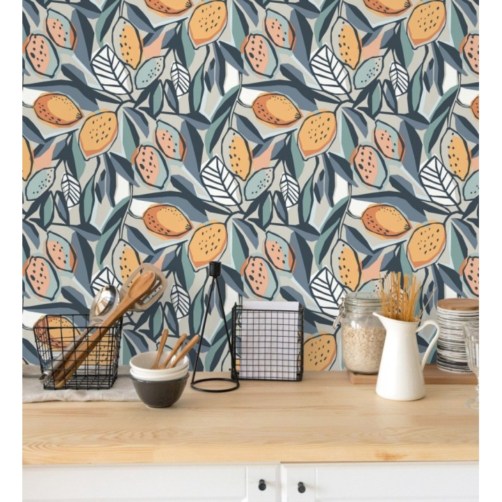 Papel pintado de limones y hojas color naranja y azul - Ginger Lemons 682303