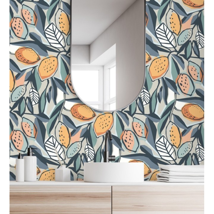 Papel pintado de limones y hojas color naranja y azul - Ginger Lemons 682303