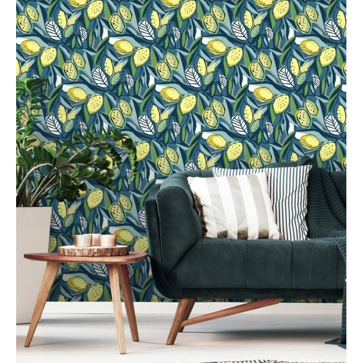 Papel pintado de limones amarillos fondo azul estilo cubista moderno - Ginger Lemons 682304