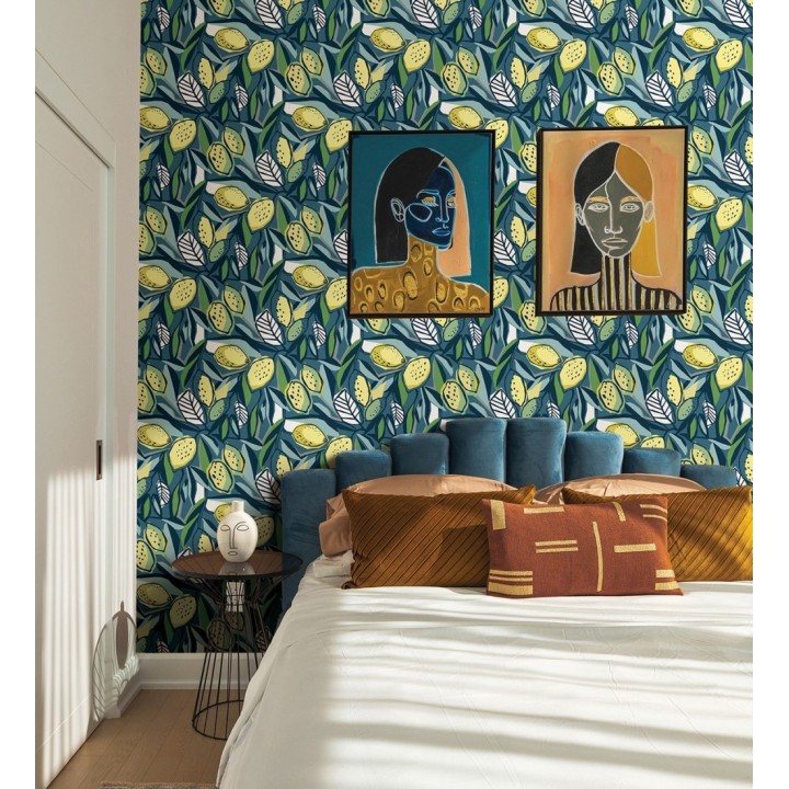 Papel pintado de limones amarillos fondo azul estilo cubista moderno - Ginger Lemons 682304