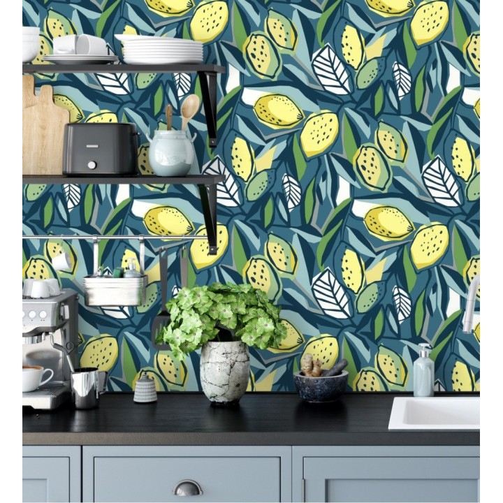 Papel pintado de limones amarillos fondo azul estilo cubista moderno - Ginger Lemons 682304