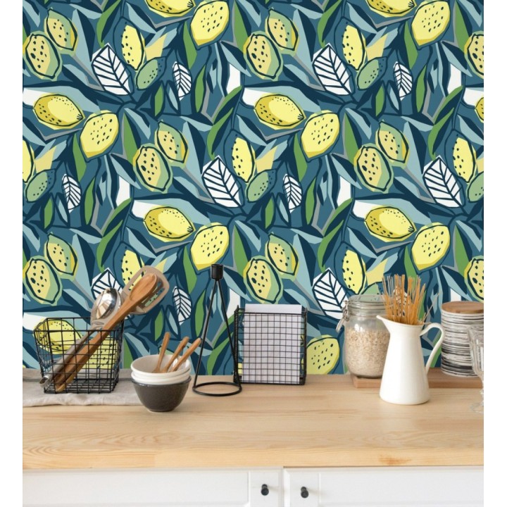 Papel pintado de limones amarillos fondo azul estilo cubista moderno - Ginger Lemons 682304