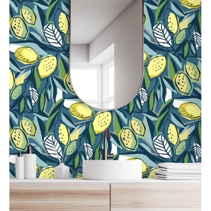 Papel pintado de limones amarillos fondo azul estilo cubista moderno - Ginger Lemons 682304