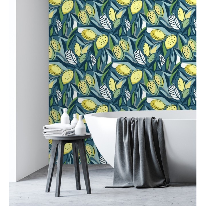 Papel pintado de limones amarillos fondo azul estilo cubista moderno - Ginger Lemons 682304