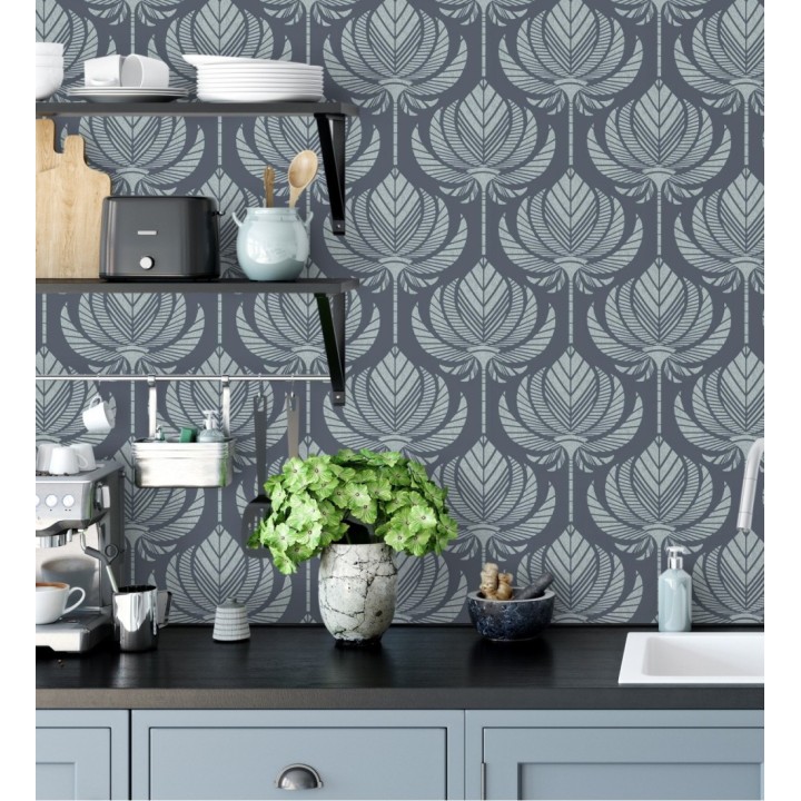 Papel pintado hojas de palma egipcia color azul grisáceo - Malaika 682306