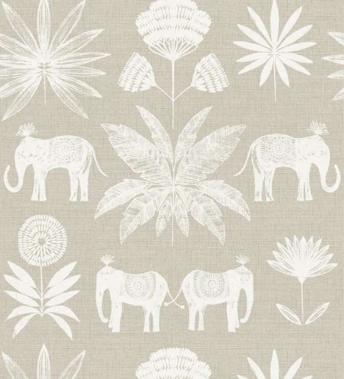 Papel pintado de elefantes y hojas fondo beige estilo étnico africano - Mombasa 682315