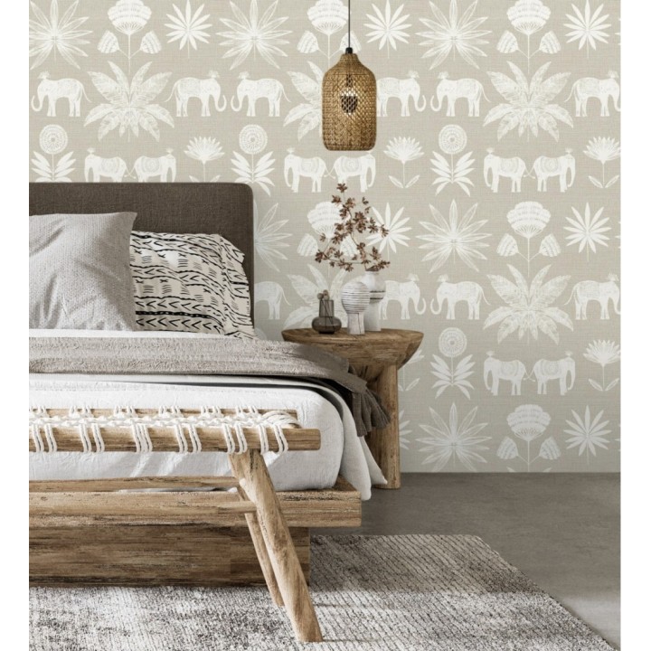Papel pintado de elefantes y hojas fondo beige estilo étnico africano - Mombasa 682315