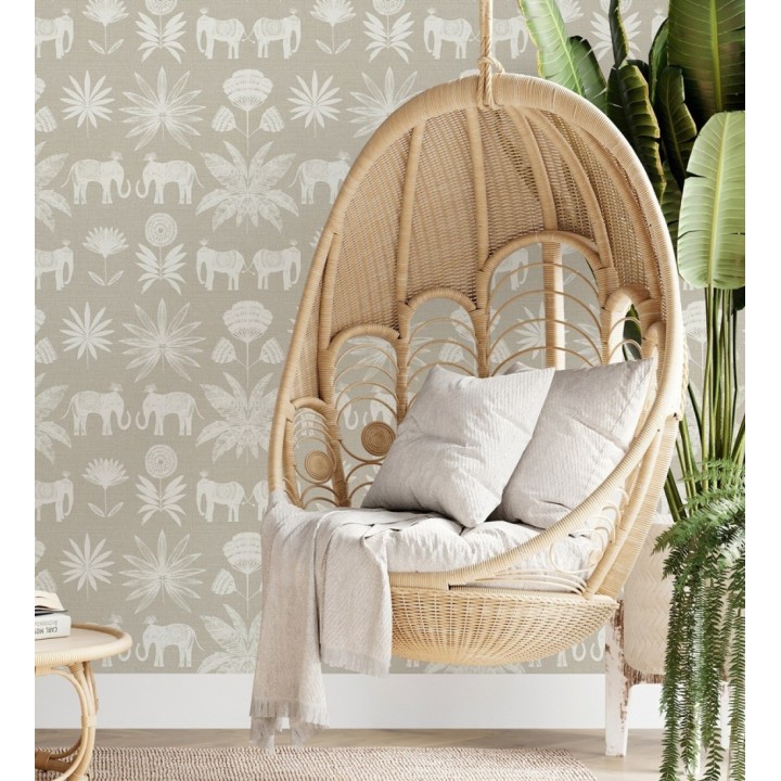 Papel pintado de elefantes y hojas fondo beige estilo étnico africano - Mombasa 682315