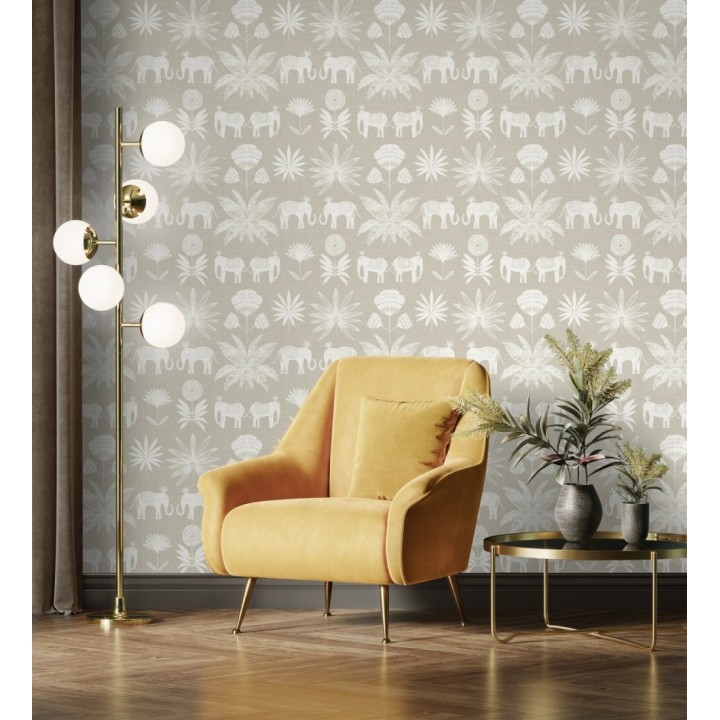 Papel pintado de elefantes y hojas fondo beige estilo étnico africano - Mombasa 682315