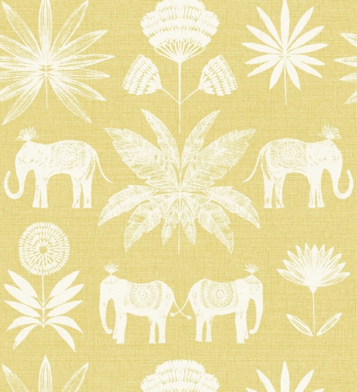 Papel pintado de elefantes y hojas fondo amarillo estilo étnico africano - Mombasa 682316