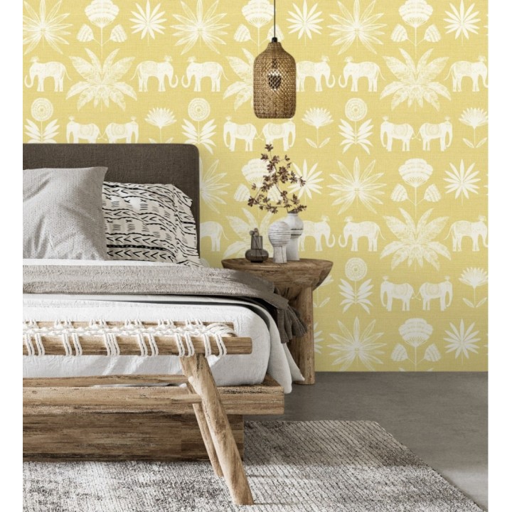 Papel pintado de elefantes y hojas fondo amarillo estilo étnico africano - Mombasa 682316