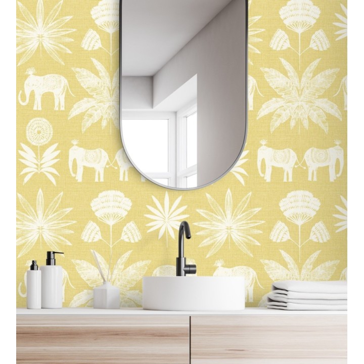 Papel pintado de elefantes y hojas fondo amarillo estilo étnico africano - Mombasa 682316