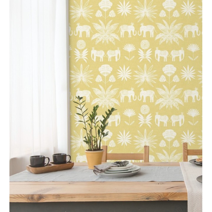 Papel pintado de elefantes y hojas fondo amarillo estilo étnico africano - Mombasa 682316
