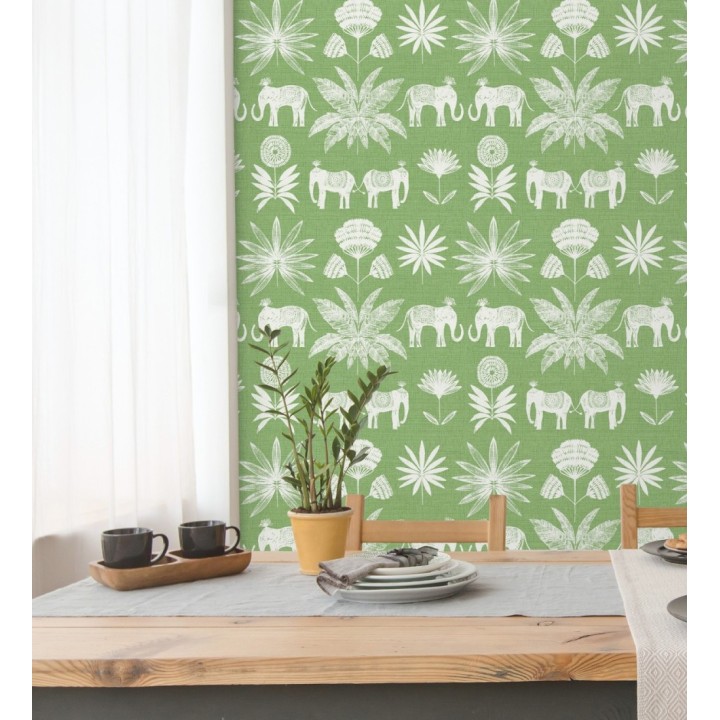 Papel pintado de elefantes y hojas fondo verde estilo étnico africano - Mombasa 682317