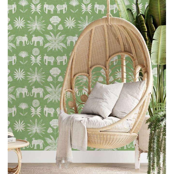 Papel pintado de elefantes y hojas fondo verde estilo étnico africano - Mombasa 682317