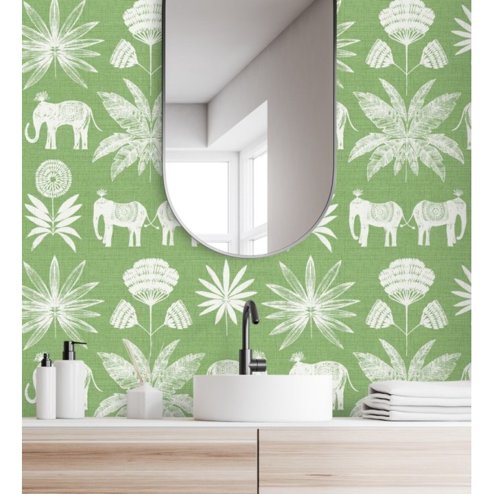 Papel pintado de elefantes y hojas fondo verde estilo étnico africano - Mombasa 682317