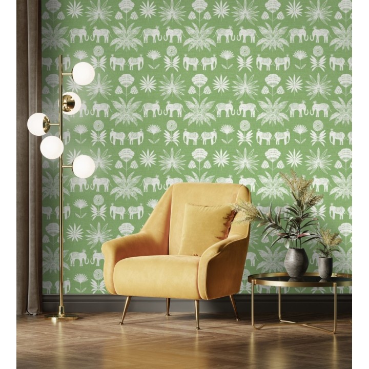 Papel pintado de elefantes y hojas fondo verde estilo étnico africano - Mombasa 682317