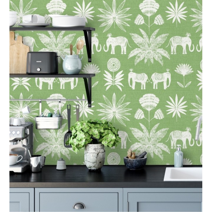 Papel pintado de elefantes y hojas fondo verde estilo étnico africano - Mombasa 682317