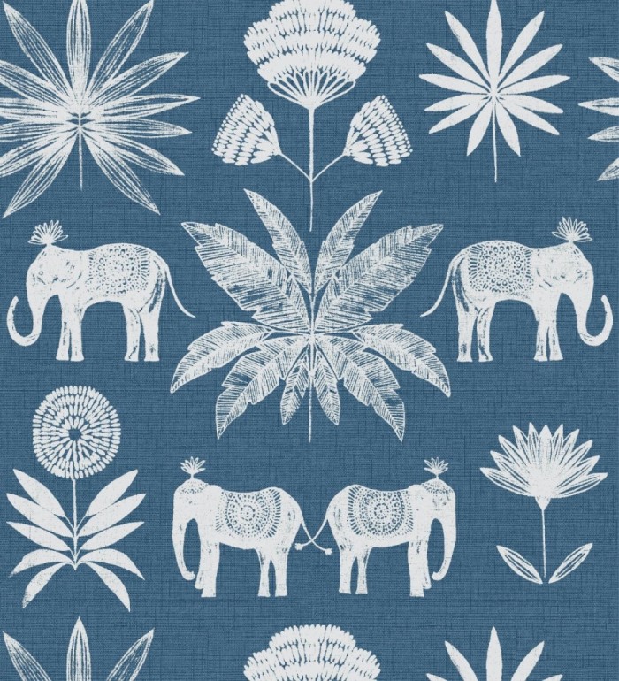 Papel pintado de elefantes y hojas fondo azul estilo étnico africano - Mombasa 682318