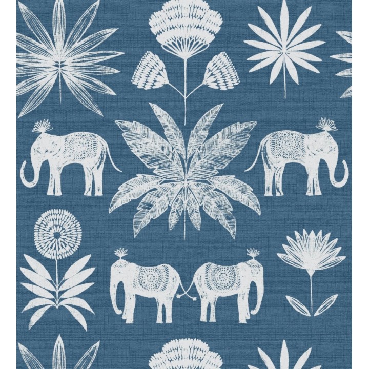 Papel pintado de elefantes y hojas fondo azul estilo étnico africano - Mombasa 682318