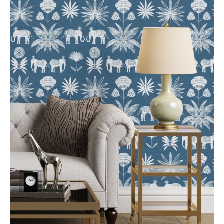Papel pintado de elefantes y hojas fondo azul estilo étnico africano - Mombasa 682318