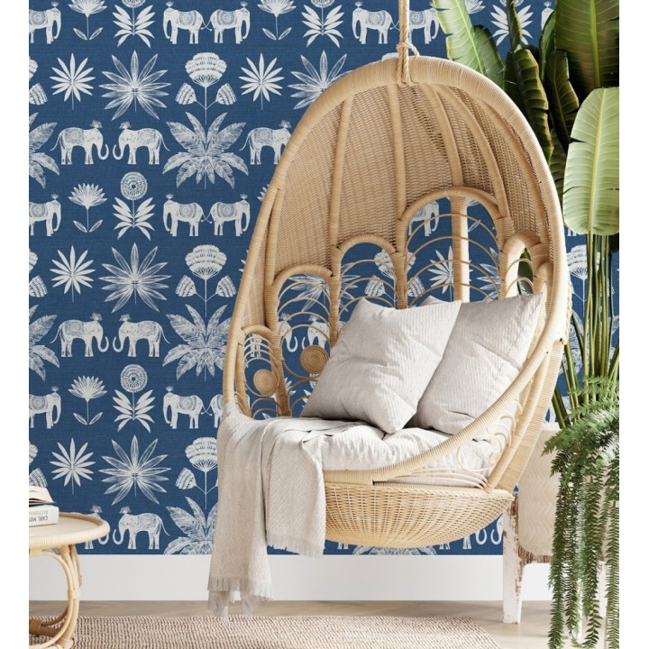Papel pintado de elefantes y hojas fondo azul estilo étnico africano - Mombasa 682318