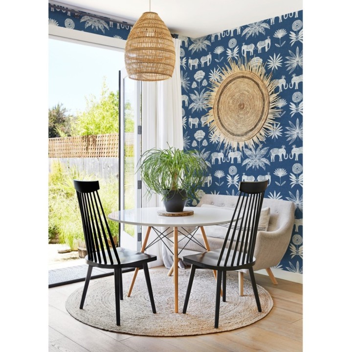 Papel pintado de elefantes y hojas fondo azul estilo étnico africano - Mombasa 682318