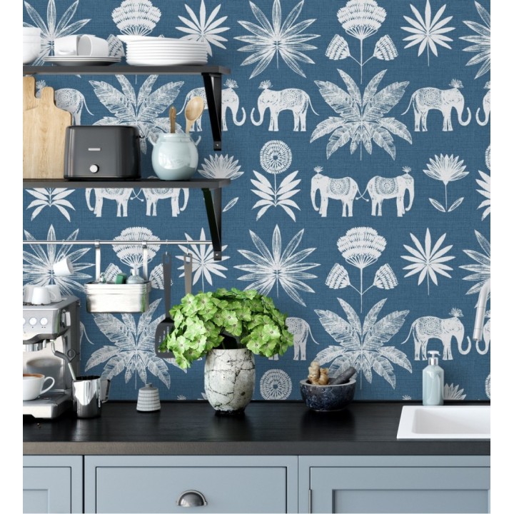 Papel pintado de elefantes y hojas fondo azul estilo étnico africano - Mombasa 682318