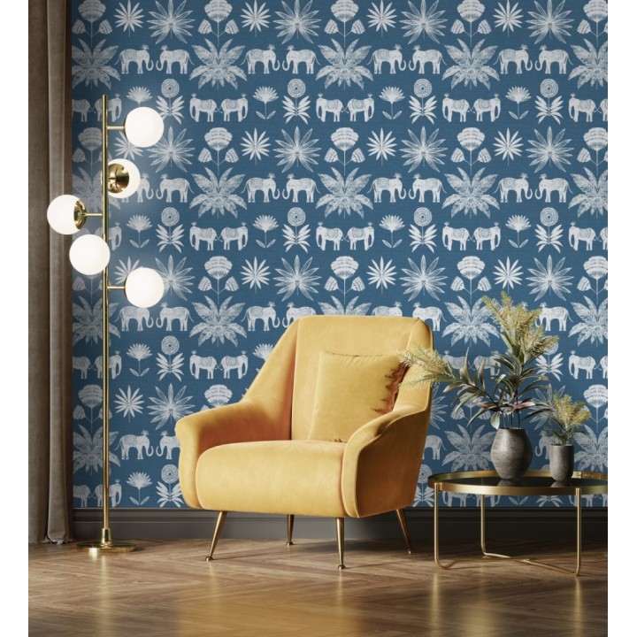 Papel pintado de elefantes y hojas fondo azul estilo étnico africano - Mombasa 682318