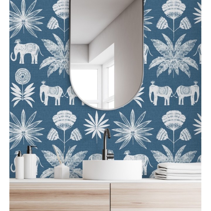 Papel pintado de elefantes y hojas fondo azul estilo étnico africano - Mombasa 682318