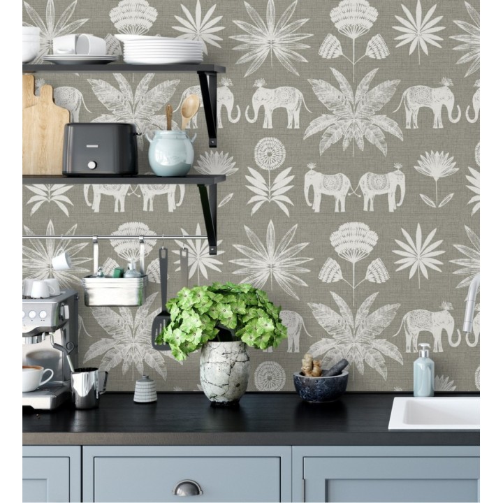 Papel pintado de elefantes y hojas color visón estilo étnico africano - Mombasa 682319