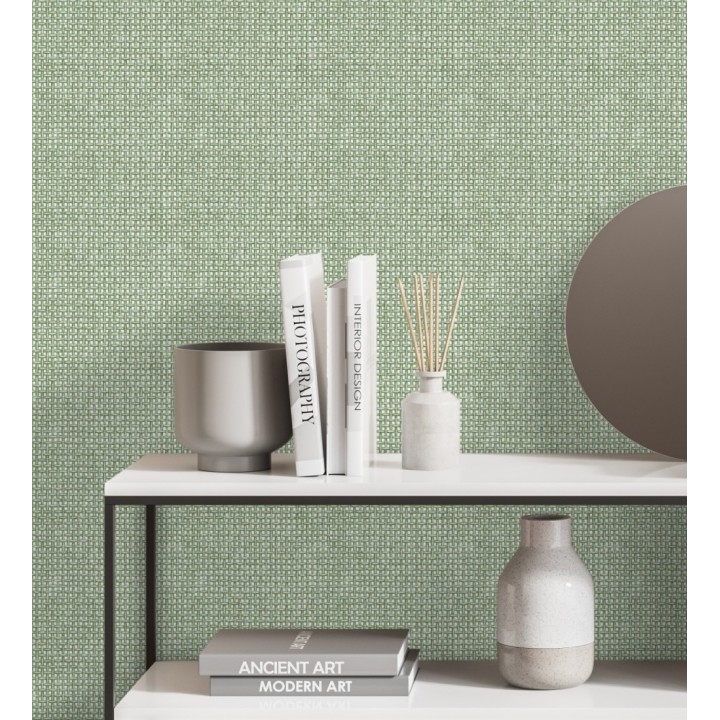 Papel pintado rafia imitación fibras de mimbre natural verde con textura - Pita Fibers 682320