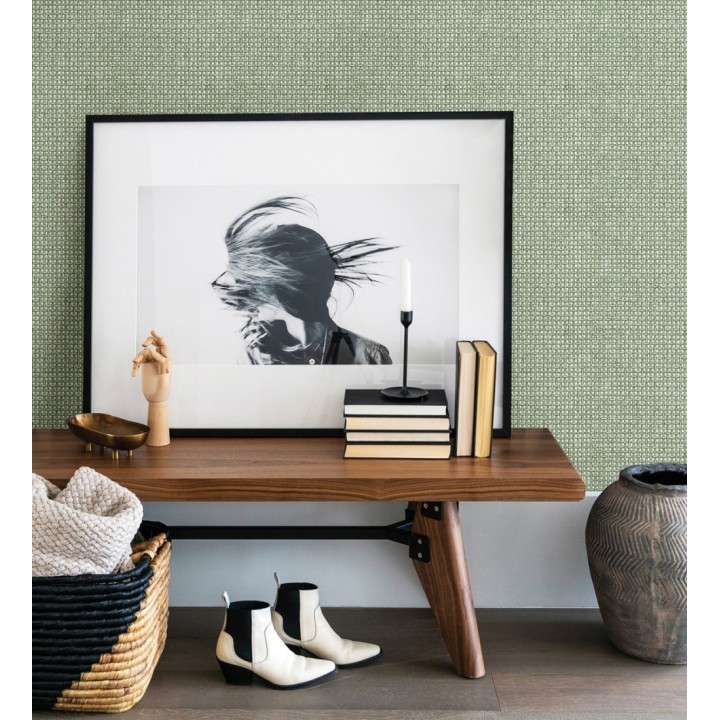 Papel pintado rafia imitación fibras de mimbre natural verde con textura - Pita Fibers 682320