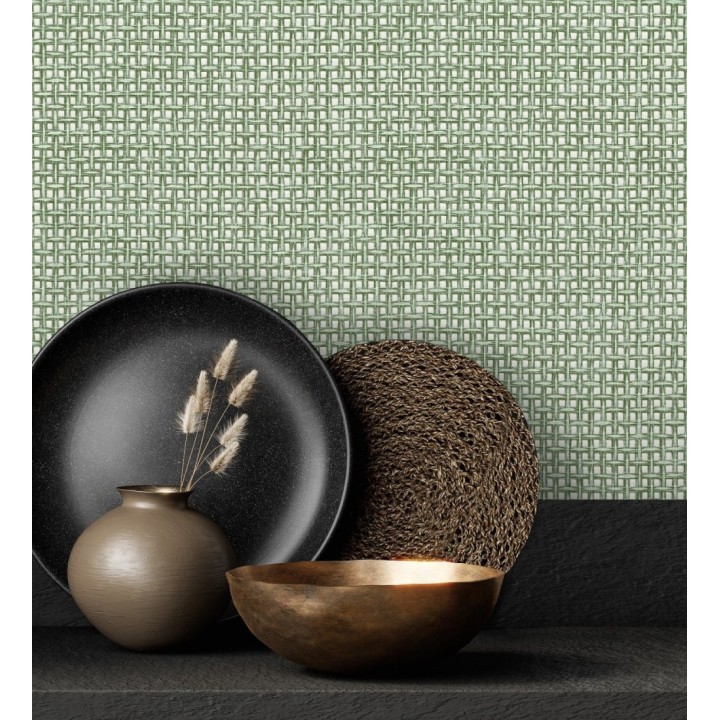 Papel pintado rafia imitación fibras de mimbre natural verde con textura - Pita Fibers 682320