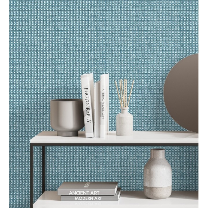 Papel pintado rafia imitación fibras de mimbre natural azul con textura - Pita Fibers 682324