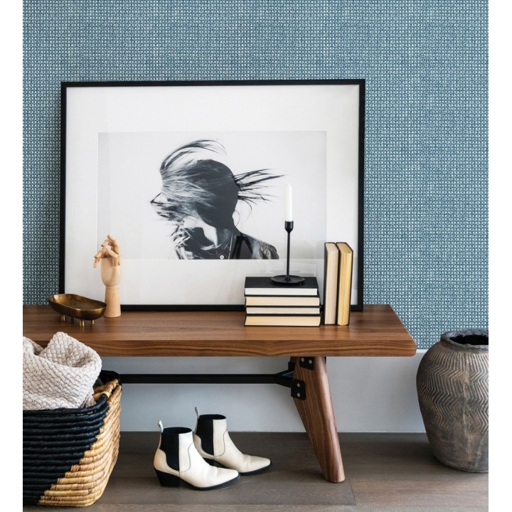 Papel pintado rafia imitación fibras de mimbre natural azul con textura - Pita Fibers 682324