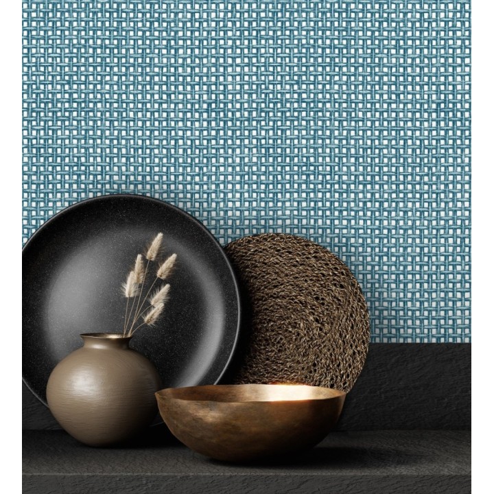 Papel pintado rafia imitación fibras de mimbre natural azul con textura - Pita Fibers 682324