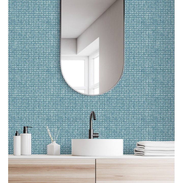 Papel pintado rafia imitación fibras de mimbre natural azul con textura - Pita Fibers 682324